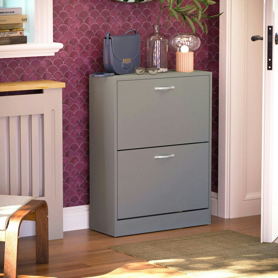 image 1 of Vida Designs 2 Drawer Shoe Cabinet Shoe Rack Storage Cupboard, Grey