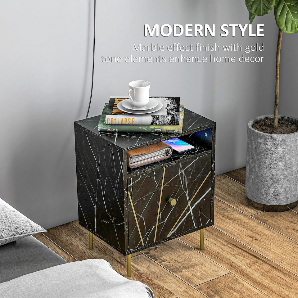 image 1 of HOMCOM Modern Bedside Table with Drawer and Open Shelf Black Marble Effect