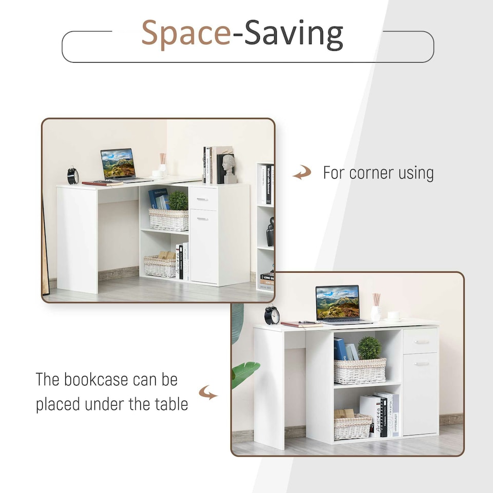 image 1 of HOMCOM Computer Desk 360 Rotating Dining Table with Storage Shelf White