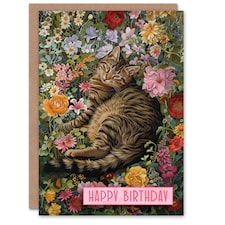 Cat Lover Grey Tabby Laying Flower Meadow Woman Her Birthday Card