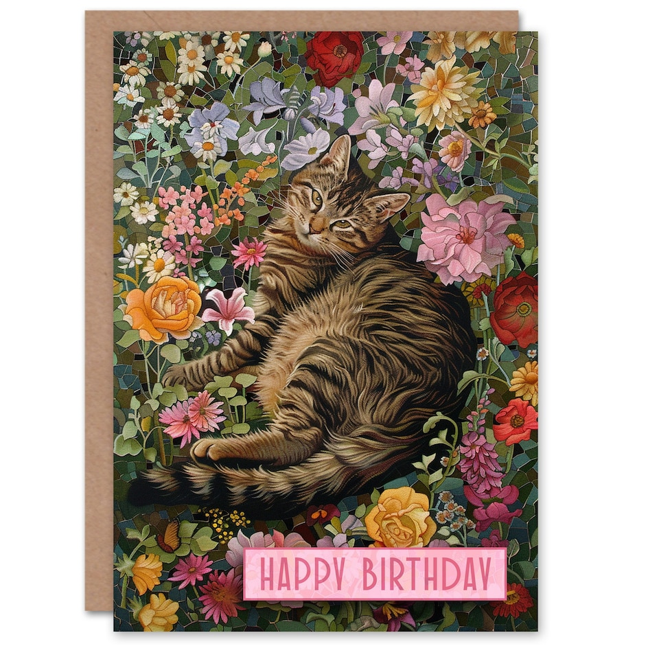 image 1 of Cat Lover Grey Tabby Laying Flower Meadow Woman Her Birthday Card