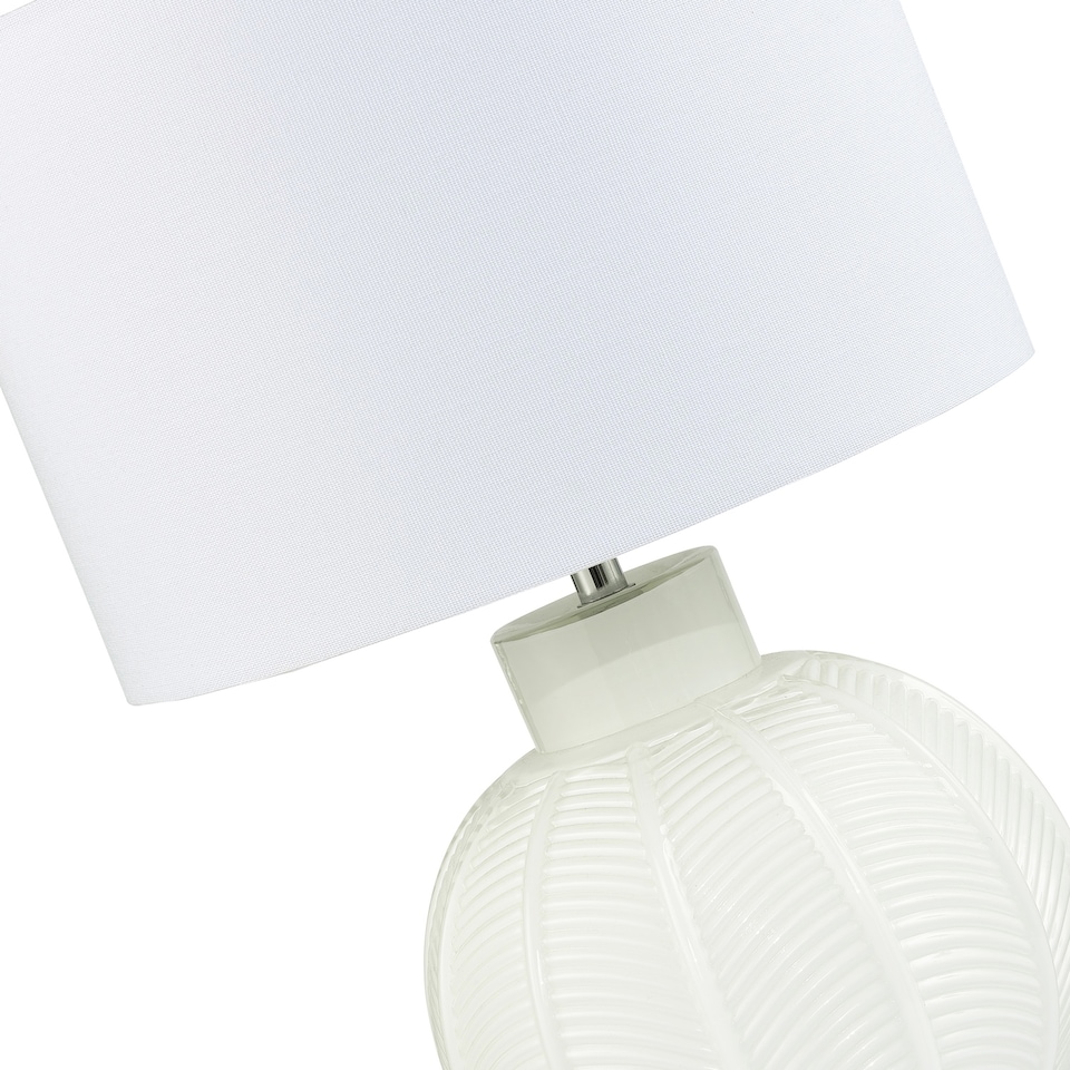 image 1 of Contemporary Opal White Glass Table Lamp in Leaf Design and Ivory White Shade | White