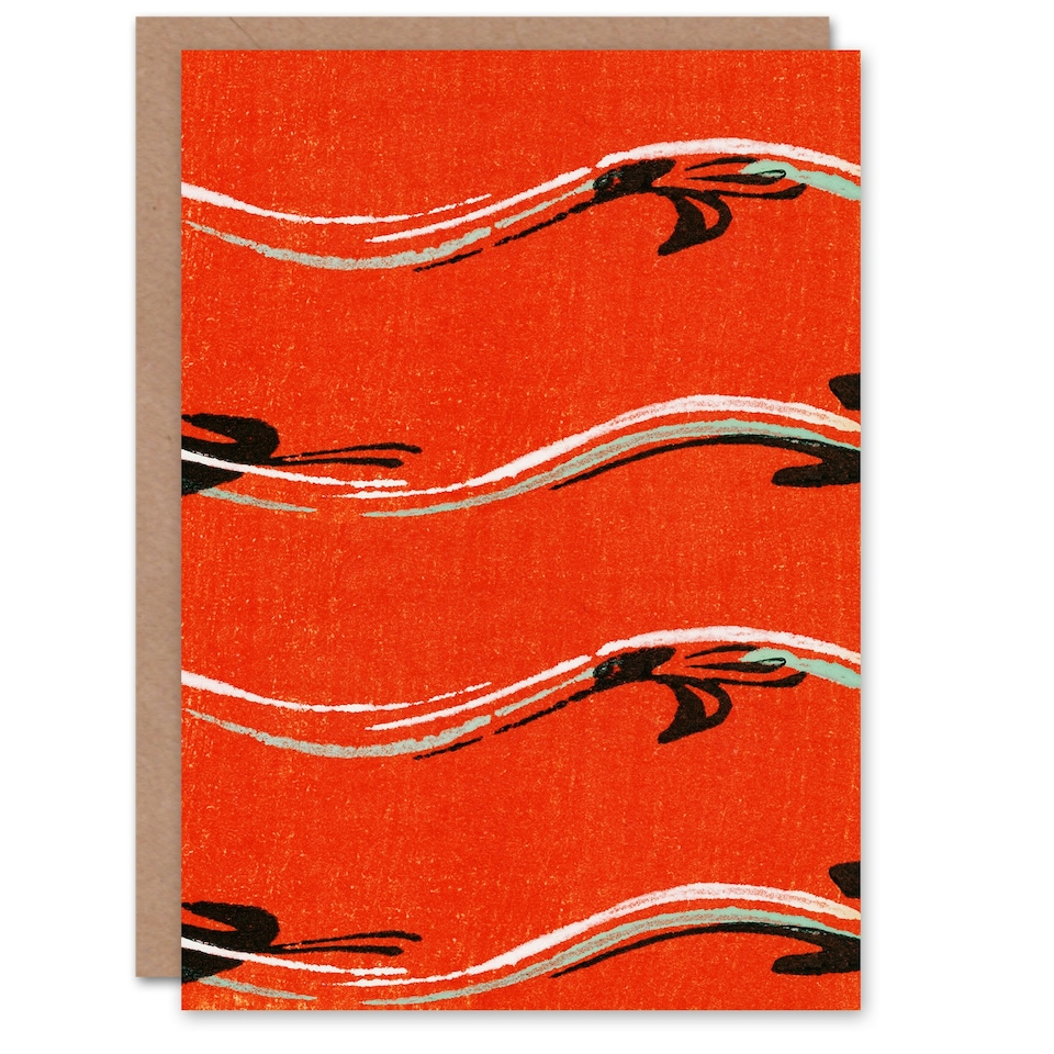image 1 of Furuya Korin Japanese Art Card Vintage Pattern Abstract Birds in Red
