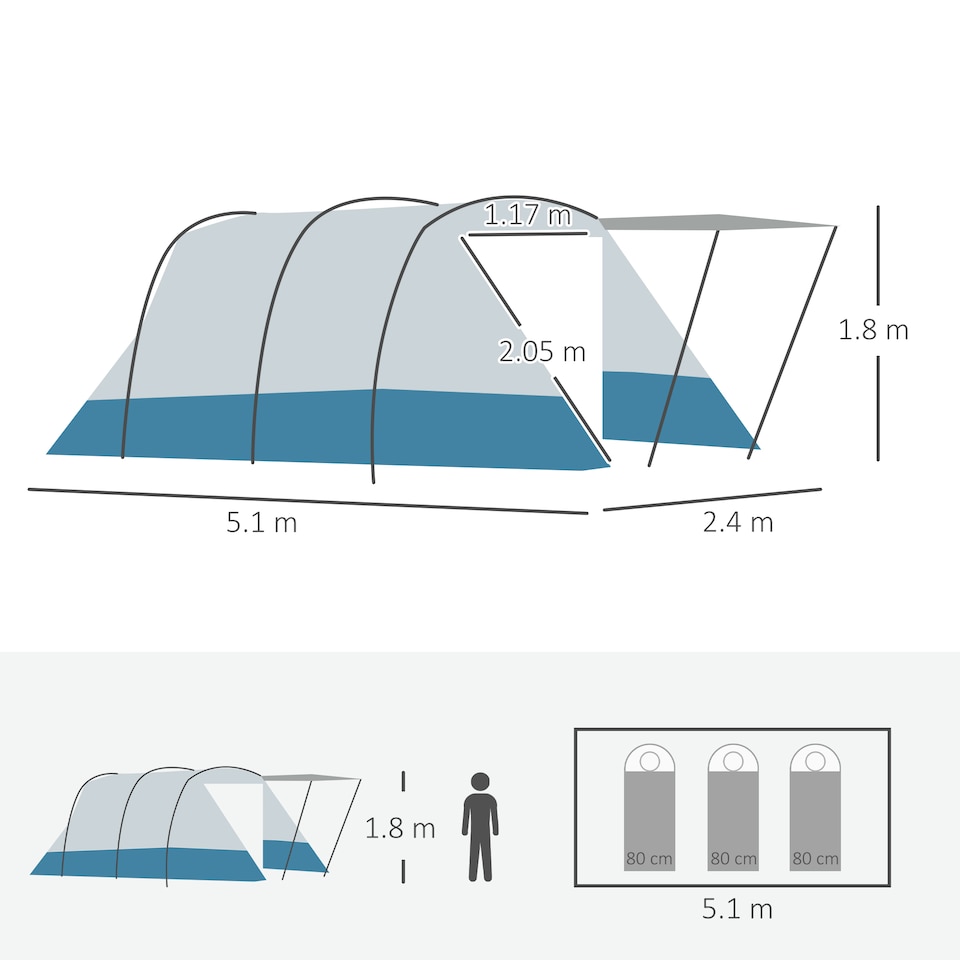 image 1 of Outsunny 6-8 Person Tunnel Tent, Two-room Camping Tent with Carry Bag, Grey