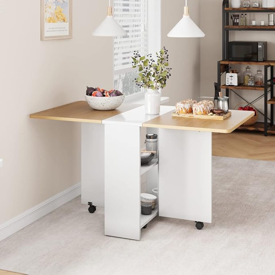 image 1 of London Boutique Natural Wood Drop Leaf Folding Dining Table, Mobile Kitchen Island with Lockable Wheels & Storage Shelves