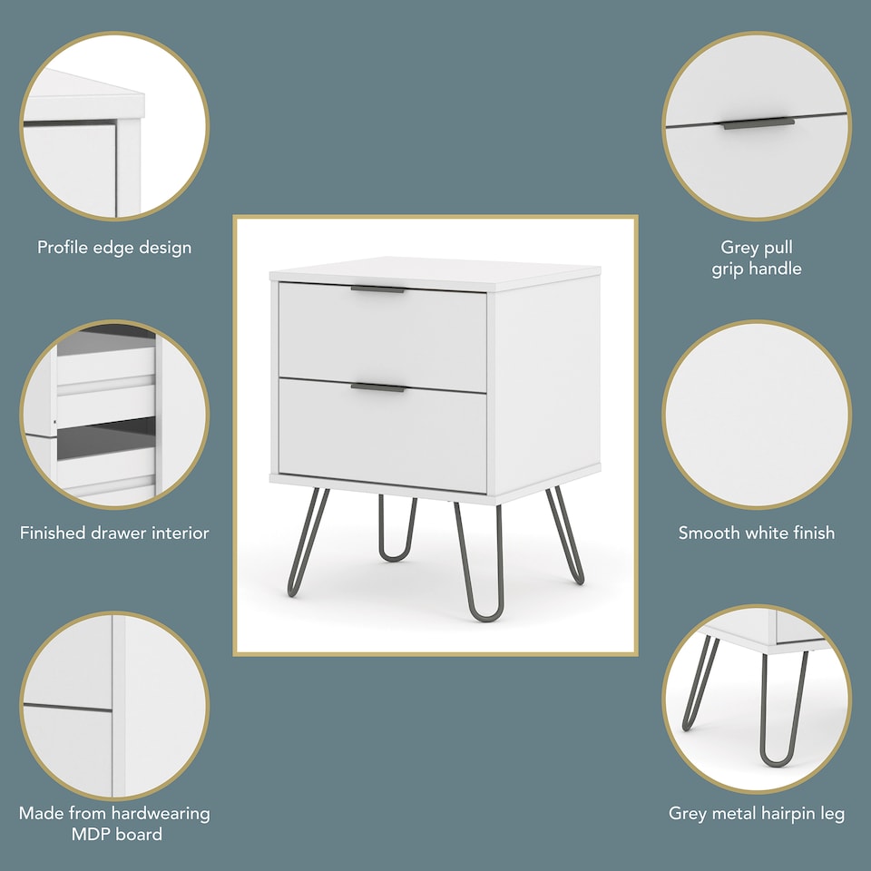 image 1 of Augusta 2 Drawer Bedside Table - Modern Industrial Style Nightstand for Bedrooms | White | White | One Size | 1