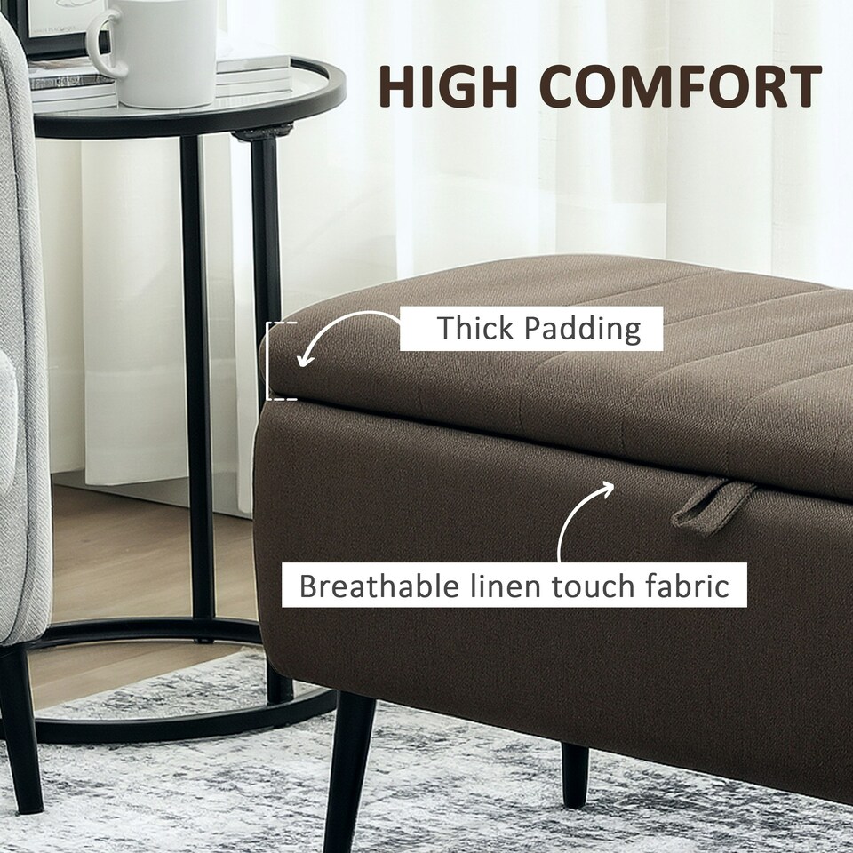 image 1 of HOMCOM Storage Ottoman Bench, Linen Fabric Footstool with Steel Legs Brown | Black