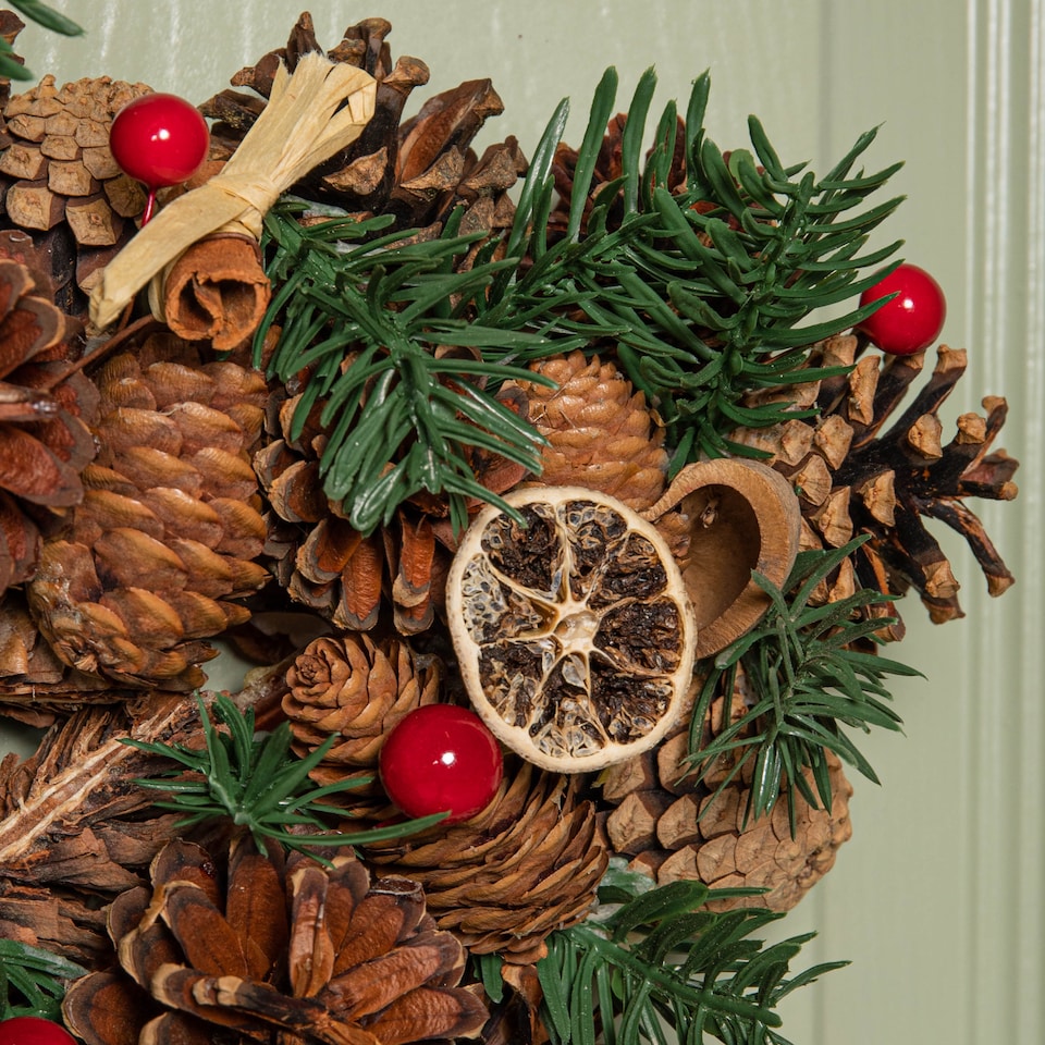 image 1 of 45cm Winter Spice Star Hanging Christmas Wreath with Pine Cones Red Berries & Dried Fruit
