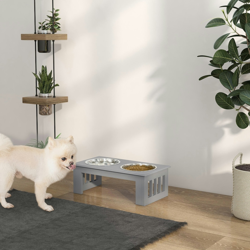 image 1 of PawHut Raised Dog Bowls Pet Feeder Raised Elevated Stainless Steel Food Grey