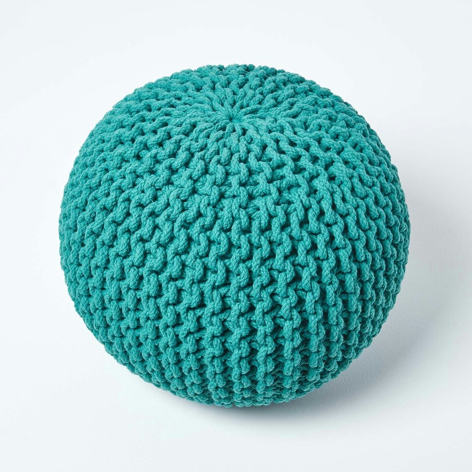 image 1 of Homescapes Teal Green Round Cotton Knitted Pouffe Footstool - 35 x 40 cm