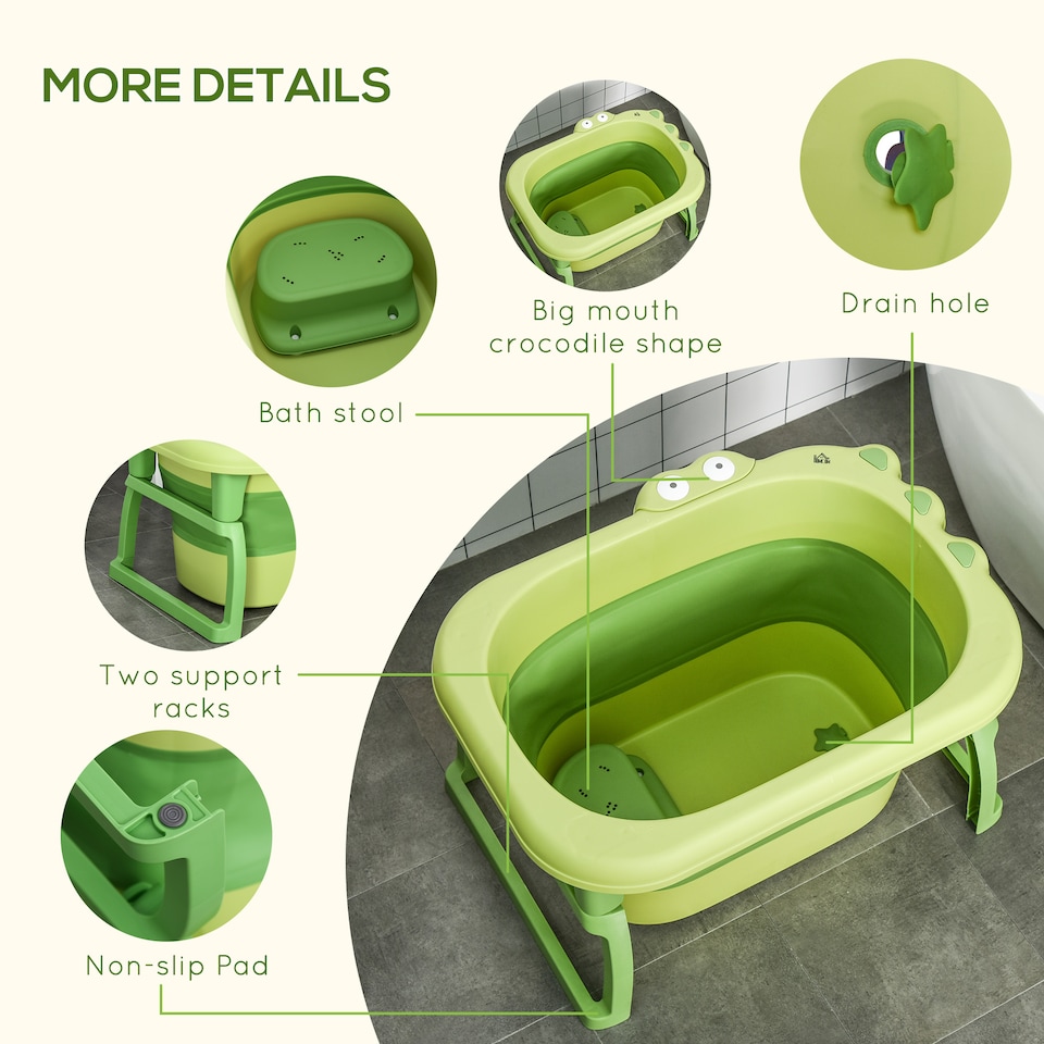 image 1 of HOMCOM Foldable Baby Bathtub for Newborns Infants Toddlers w Stool - Green