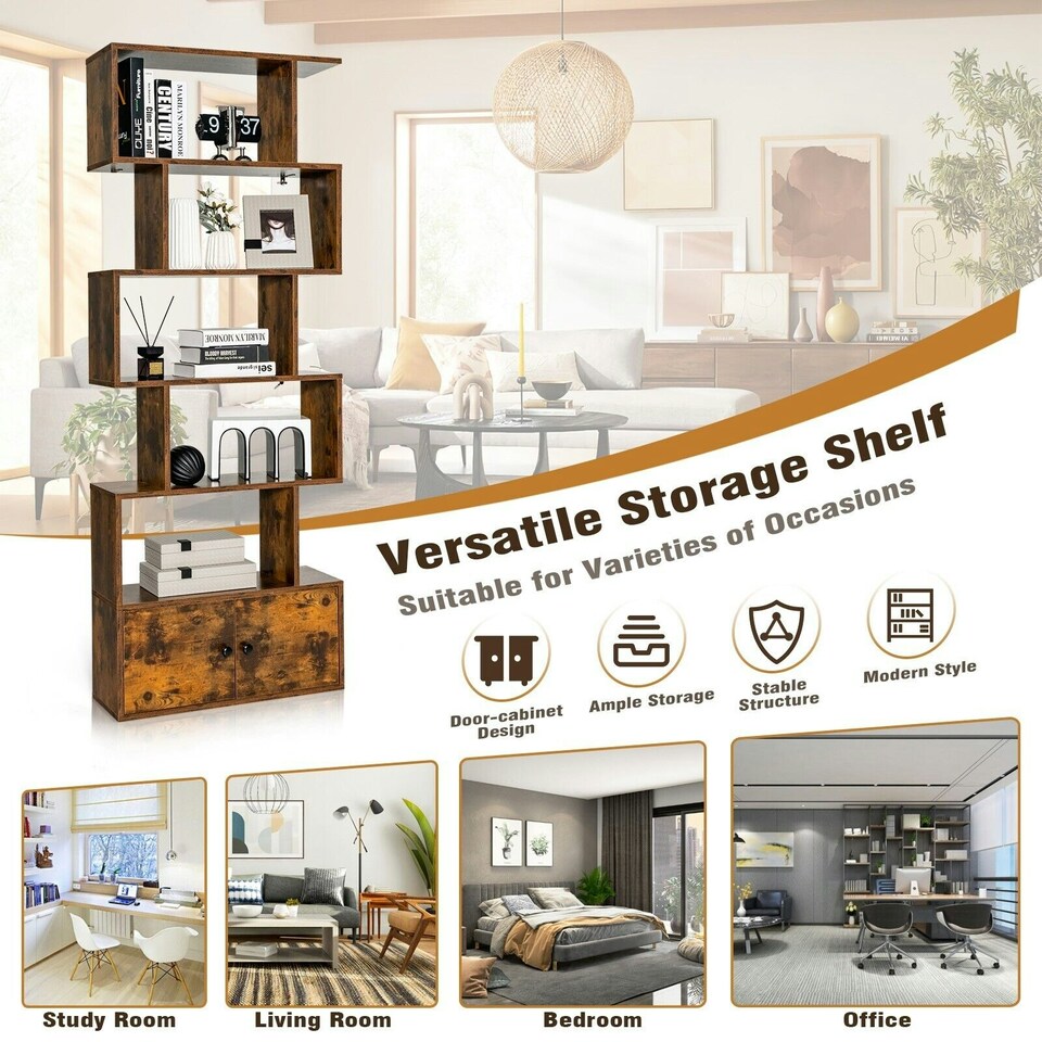 image 1 of COSTWAY 5-tier Bookcase S-Shaped Bookshelf Display Rack Brown Brown
