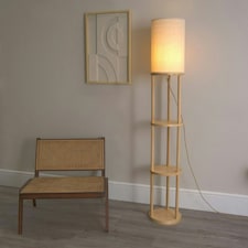 ValueLights Elsa Natural Wooden 3 Tier Floor Lamp with Fabric Shade and LED Bulb