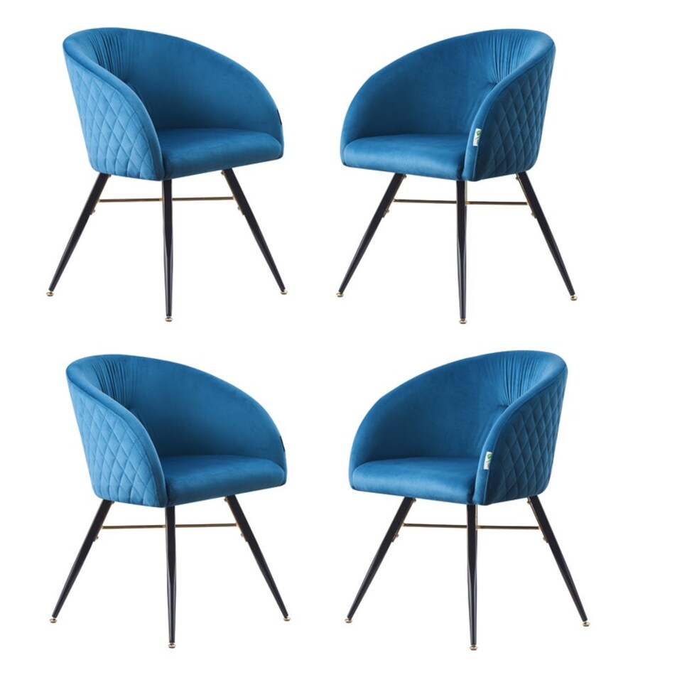 image 1 of Set of 4 Vittorio Velvet Dining Chairs with Black Metal Legs, Quilted Design Modern Accent Chair | Blue