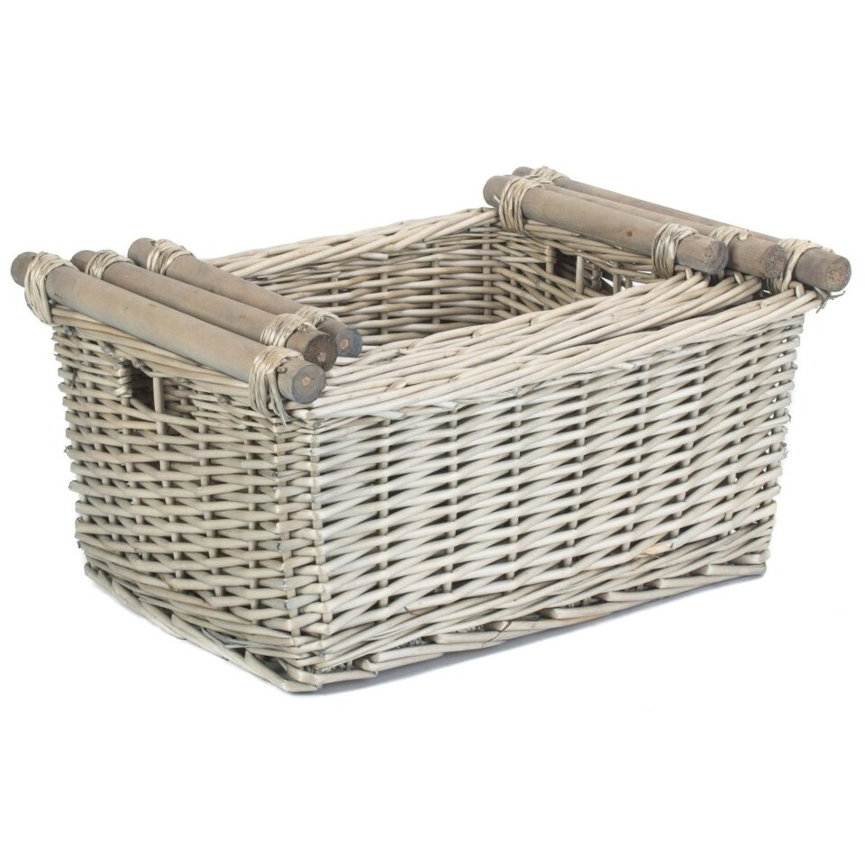 image 1 of Small Grey Wash Wooden Handled Storage Basket | Grey | Grey
