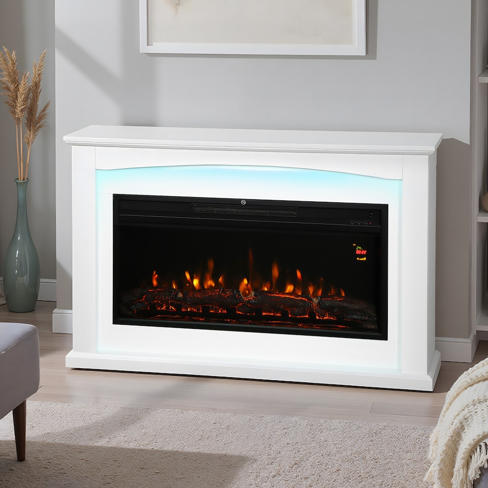image 1 of HOMCOM 48"/121 cm Electric Fireplace with Realistic Flame Effect & 5 Brightness Levels, 1000W/2000W Inset Electric Fire and Mantel Reach up to 30 m² Space with Remote & Timer for Living Room, White