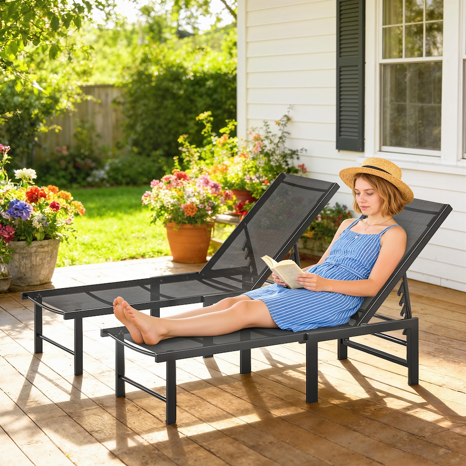 image 1 of Outsunny Sun Loungers Set of 2, 5-Level Reclining Sunbeds, Black | Black | Black | Not provided