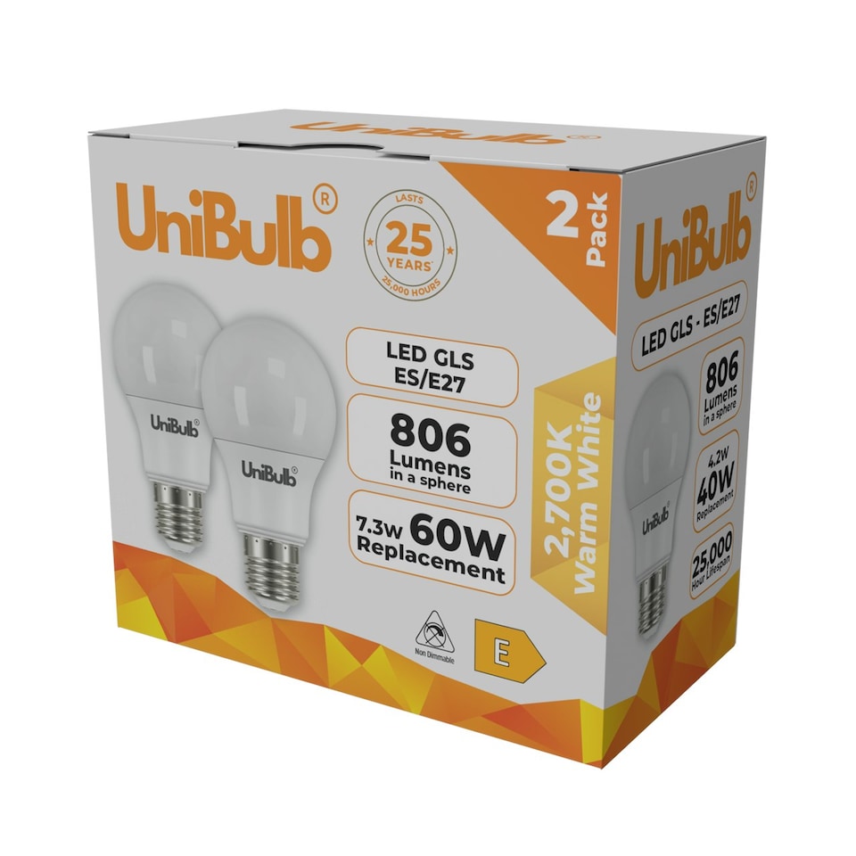 image 1 of UniBulb LED GLS E27 806lm 7.3W 2700K (Warm White) Light Bulb - Pack of 2