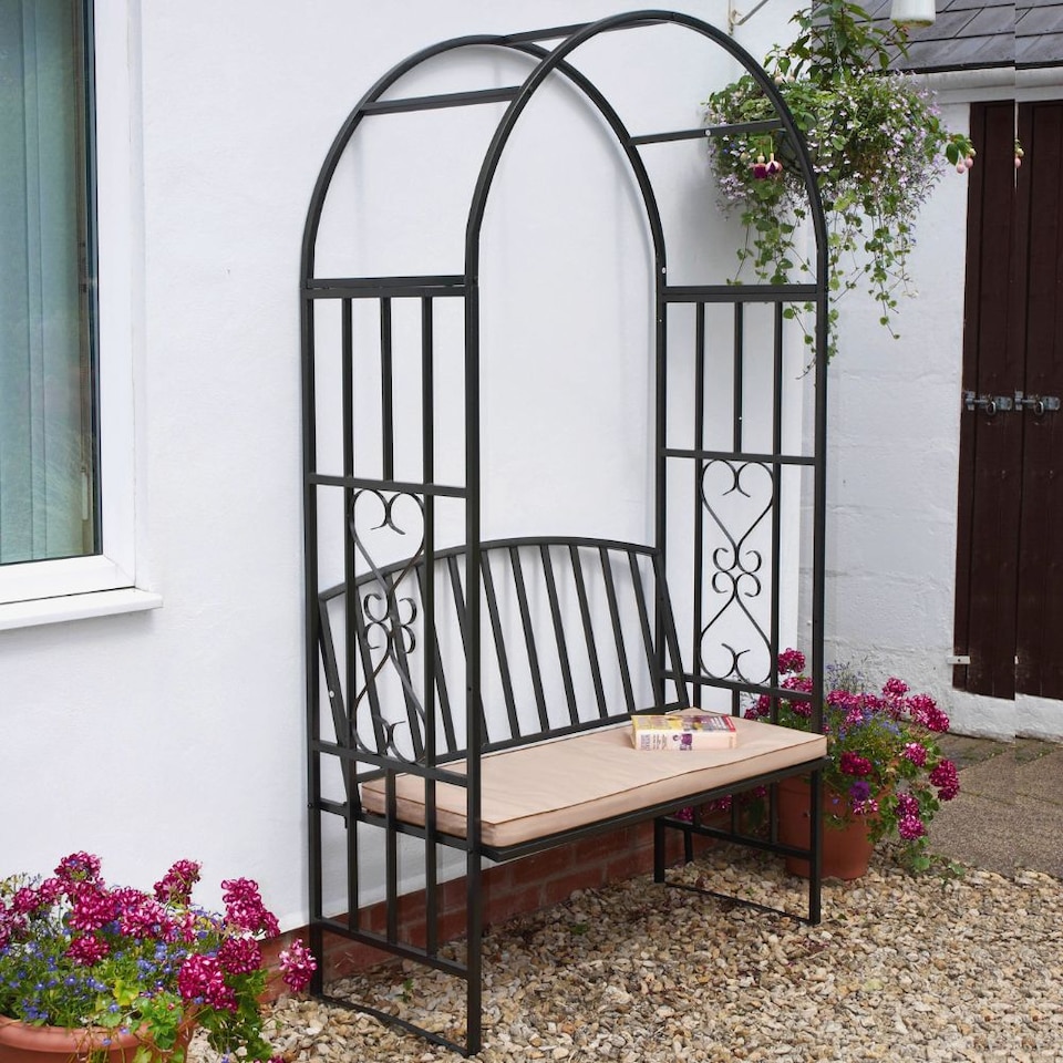image 1 of Greenhurst Grey Garden Arch with Bench & Removable Cushion – Steel Frame Outdoor Feature