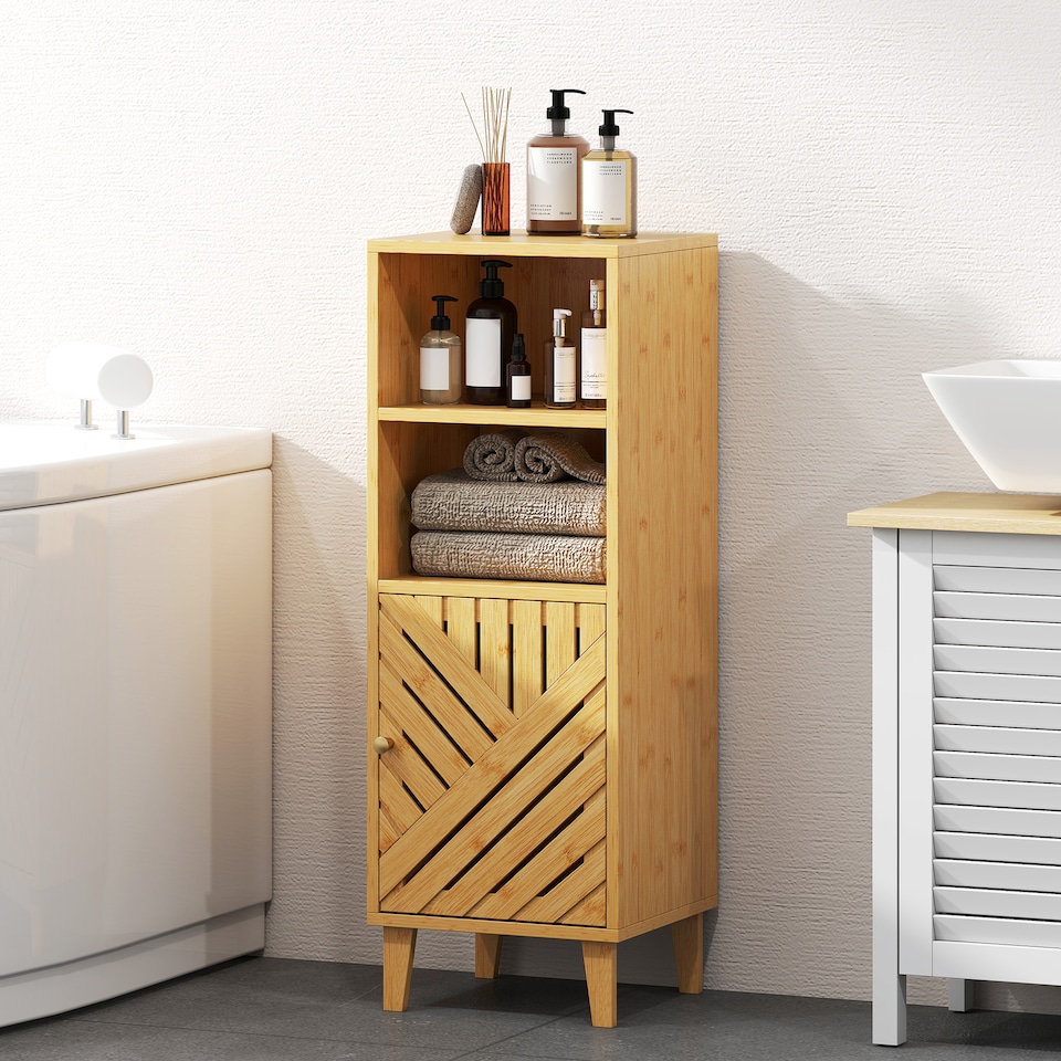 image 1 of HOMCOM Slim Bathroom Cabinet with Bamboo Door and Legs, Narrow Bathroom Storage Cabinet, Freestanding Storage Cupboard with Open Compartments, 32 x 30 x 90 cm, Natural Wood Finish