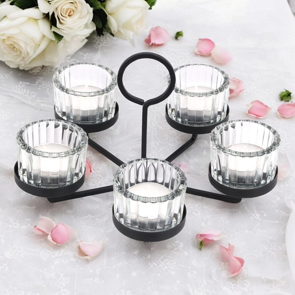 image 1 of 5-Arm Glass & Black Metal Tea Light Candle Holder Candelabra Wedding Centrepiece