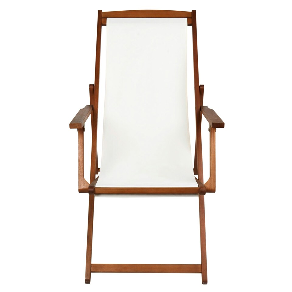 image 1 of Charles Bentley Folding FSC Eucalyptus Wooden Deck Chair Beach Sun Lounger - Cream