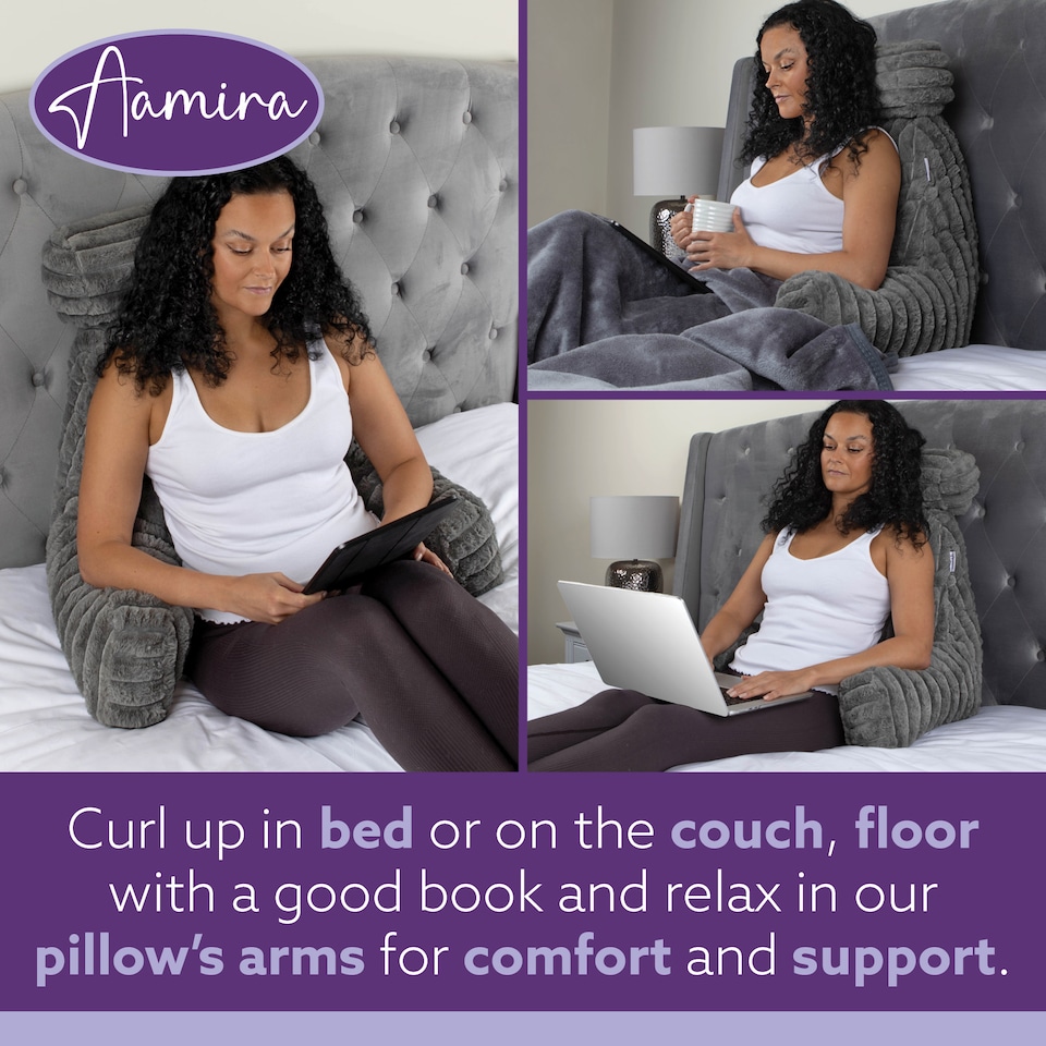 image 1 of Aamira Reading Pillow Grey Faux Fur Ribbed Memory Foam Support Cushion | Grey | Grey | Standard | 1