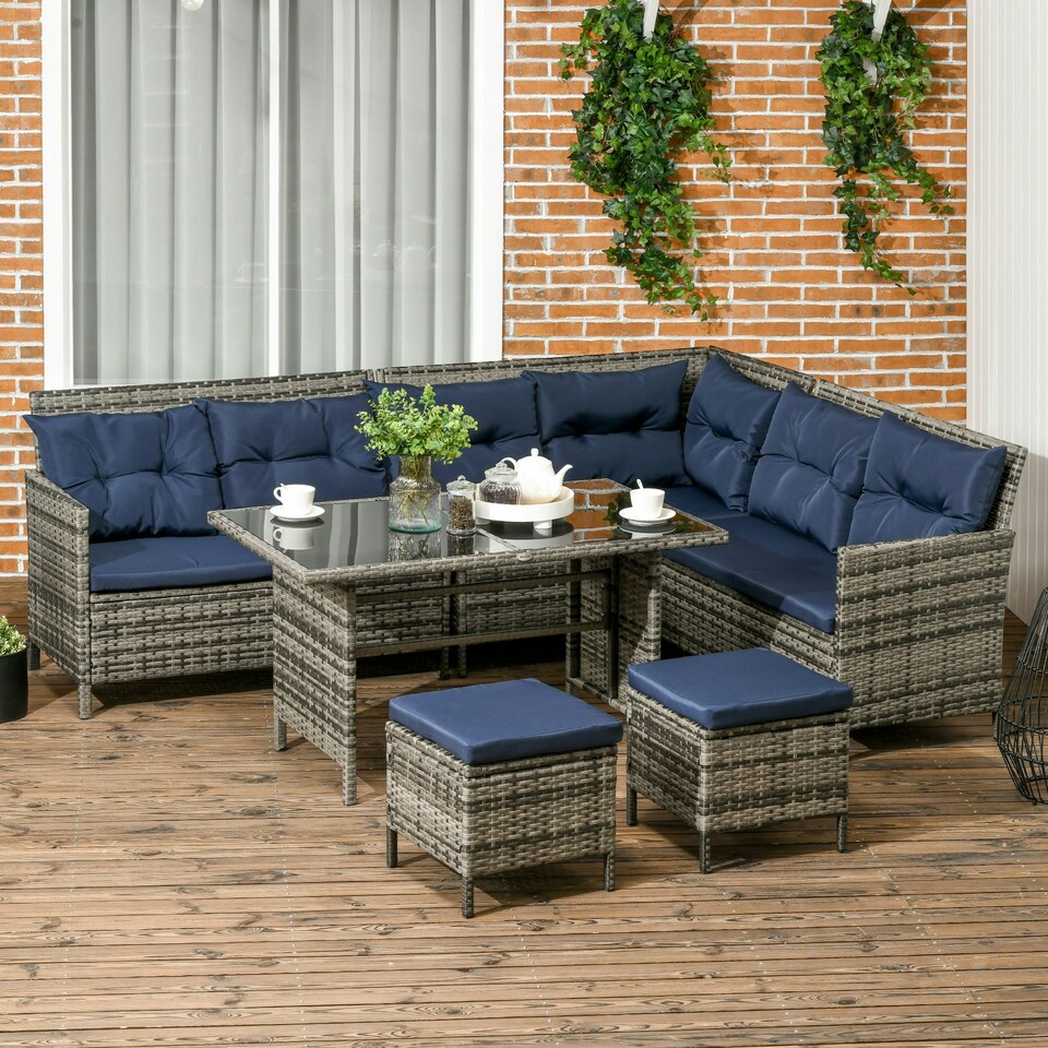 image 1 of Outsunny 6 PCs Patio wicker Sofa Set Rattan Chair Furniture, Dark Blue