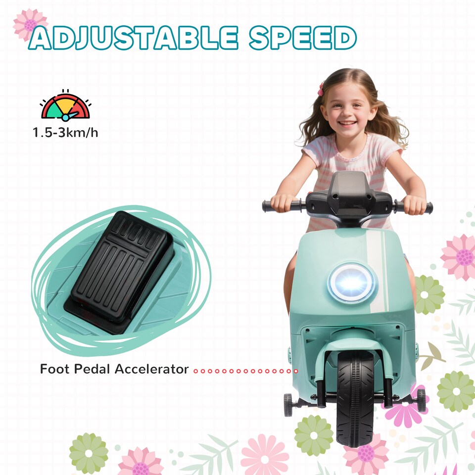image 1 of AIYAPLAY 6V Kids Electric Motorbike, Ride on Motorbike with Headlight, Music, Forward Reverse, Training Wheels, for Ages 18-36 Months, Green
