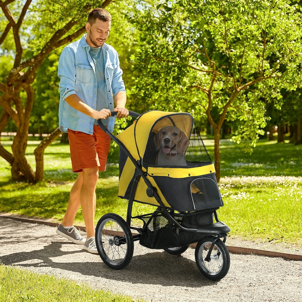 image 1 of PawHut 3 Wheel Pet Stroller, for Medium Small Dogs, Foldable Cat Pram - Yellow