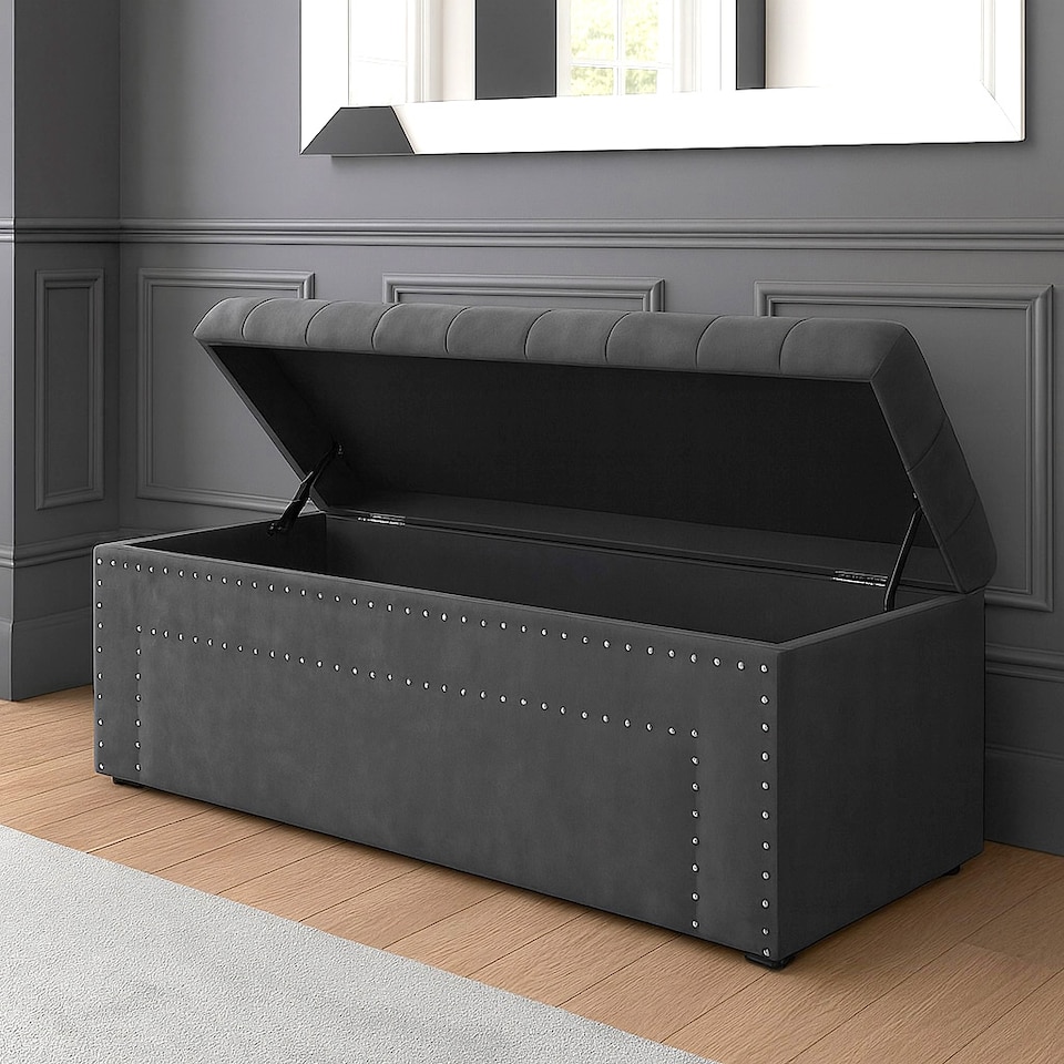 image 1 of 90cm Duke Ottoman Storage Box -Upholstered Blanket Box - Steel Grey Plush Velvet Multifunctional Storage Box