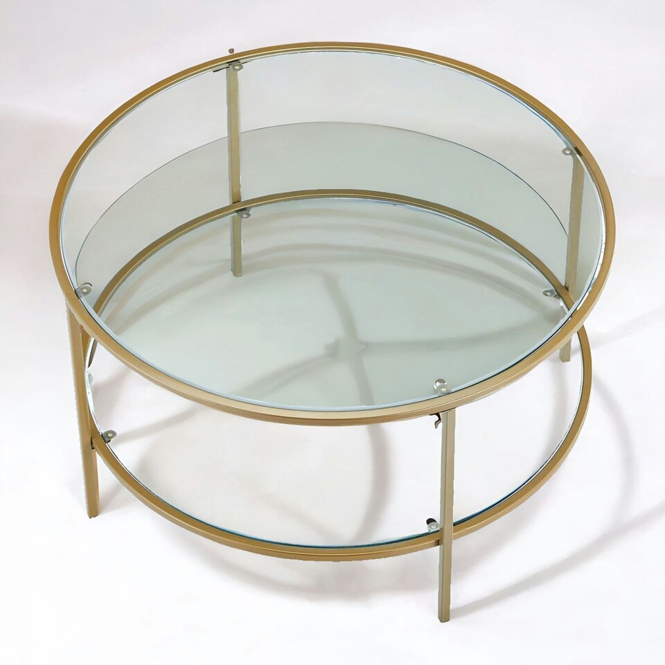 image 1 of Industrial 2 Tier Round Coffee Table With Tempered Glass Gold