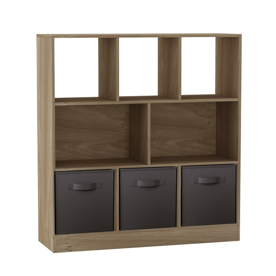 Asymmetrical 8 Oak Cube Bookcase Shelf Storage Unit with 3 Fabric Drawer Inserts Multi Oak & Black Drawer 1