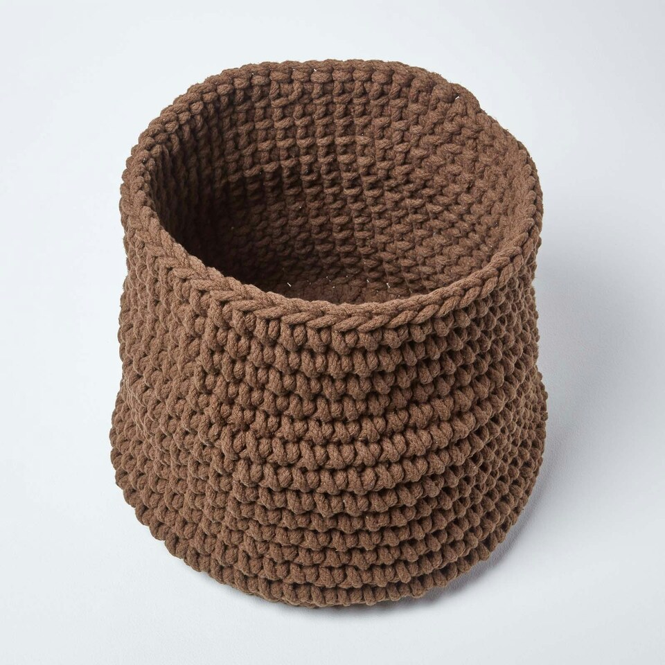image 1 of Homescapes Chocolate Cotton Knitted Round Storage Basket - 42 x 37cm Brown | L