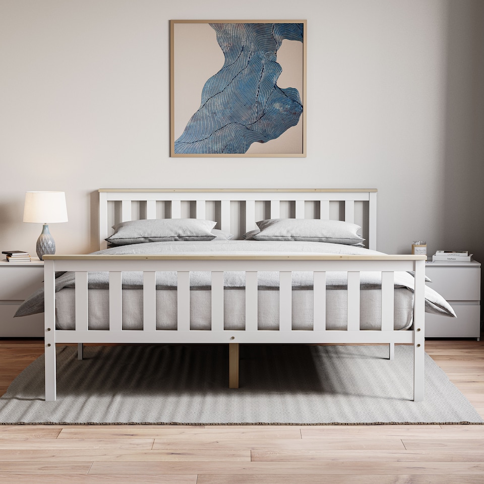 image 1 of Vida Designs Milan King Size Wooden Bed, High Foot, White & Pine & Gel Memory Foam Pocket Spring Mattress, King