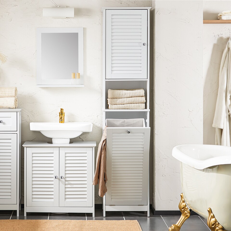 image 1 of SoBuy BZR124-W,Tall Bathroom Storage Cabinet with Laundry Basket | White | White | 1