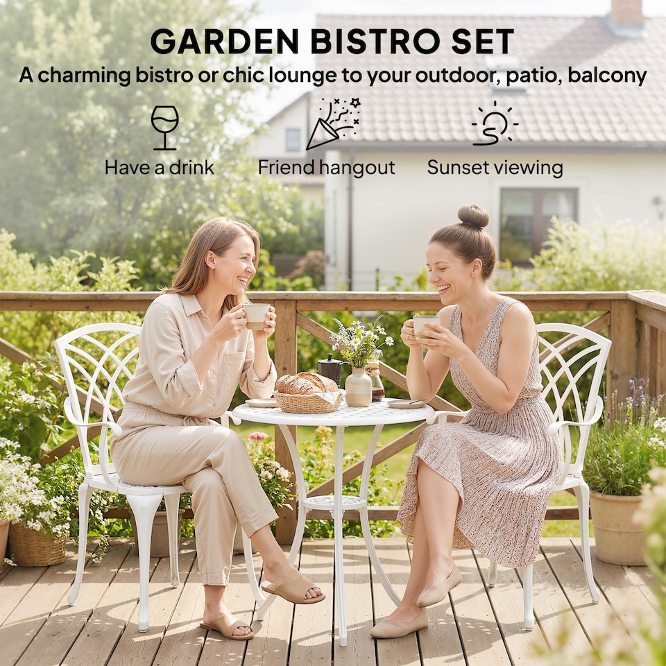 image 1 of Outsunny 3 PCs Garden Bistro Set Outdoor Garden Furniture Set w/ Umbrella Hole | White | White | Compact