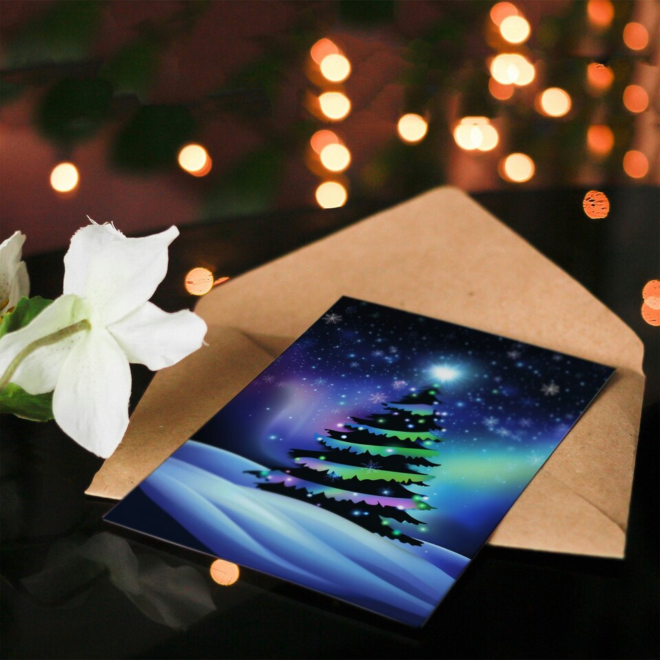 image 1 of Snow Covered Tree Aurora Borealis Blank For Him Or Her Art Xmas Festive Christmas Card