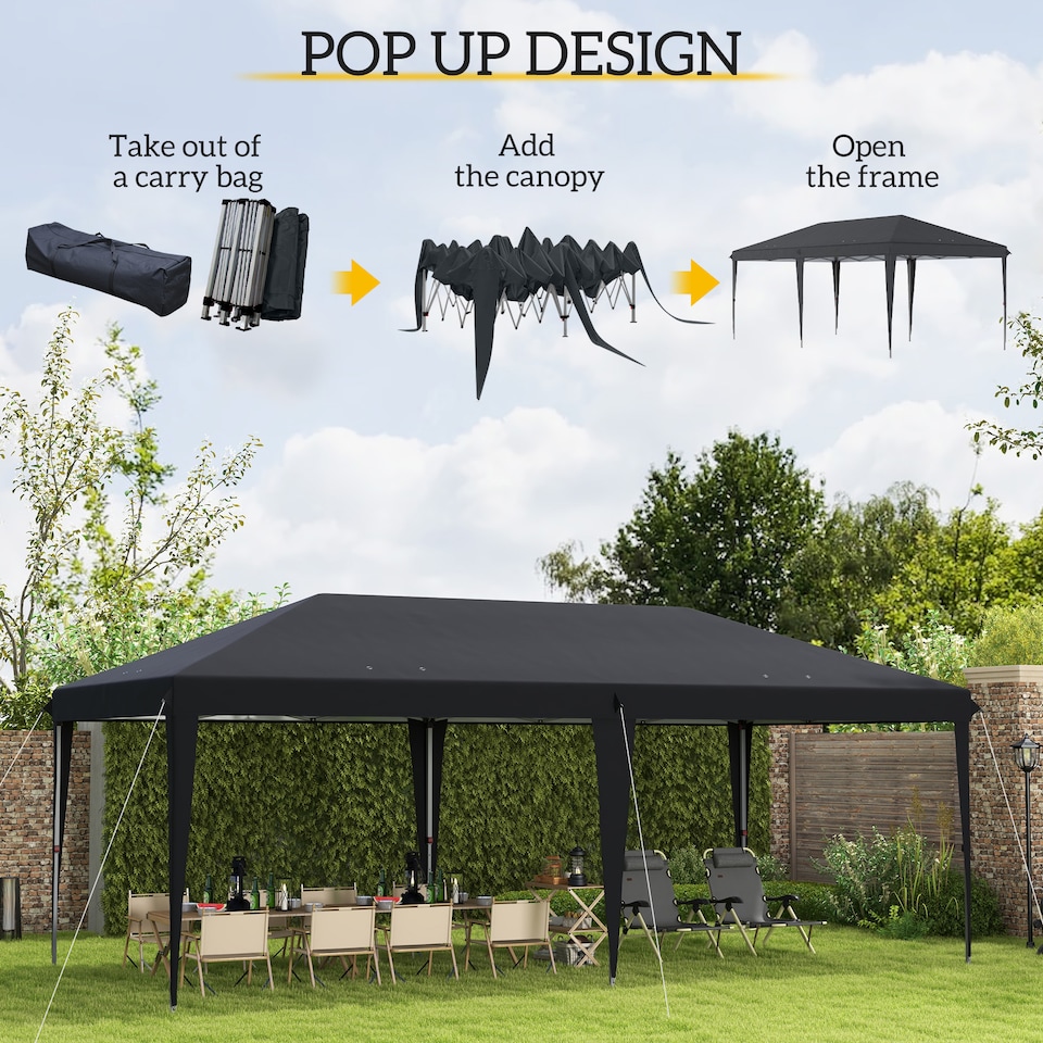image 1 of Outsunny Pop Up Gazebo 3 x 6m, Foldable Canopy Tent, Height Adjustable Wedding Awning Canopy wCarrying Bag, Black
