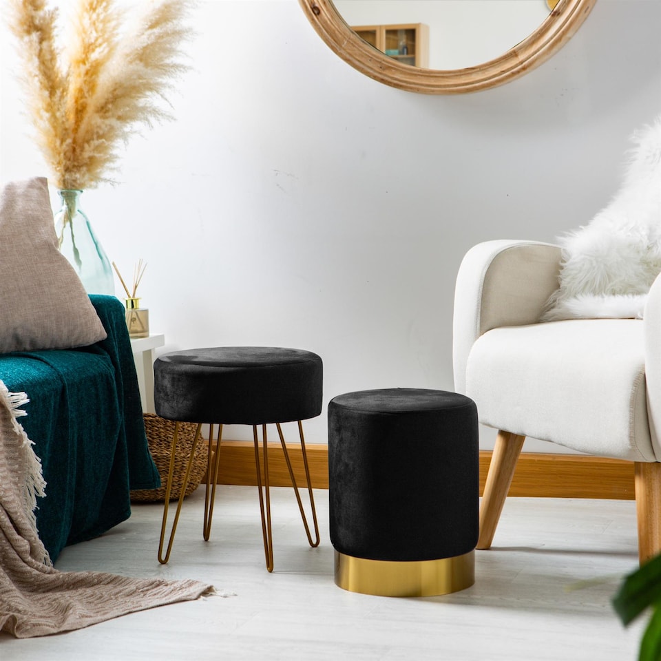image 1 of Harbour Housewares Velvet Footstool - Round Modern Dressing Table Footstool Vanity Seat Chairs - 40 x 35cm - Black/Gold | Black | Black/Gold | Pack of 1 | 1