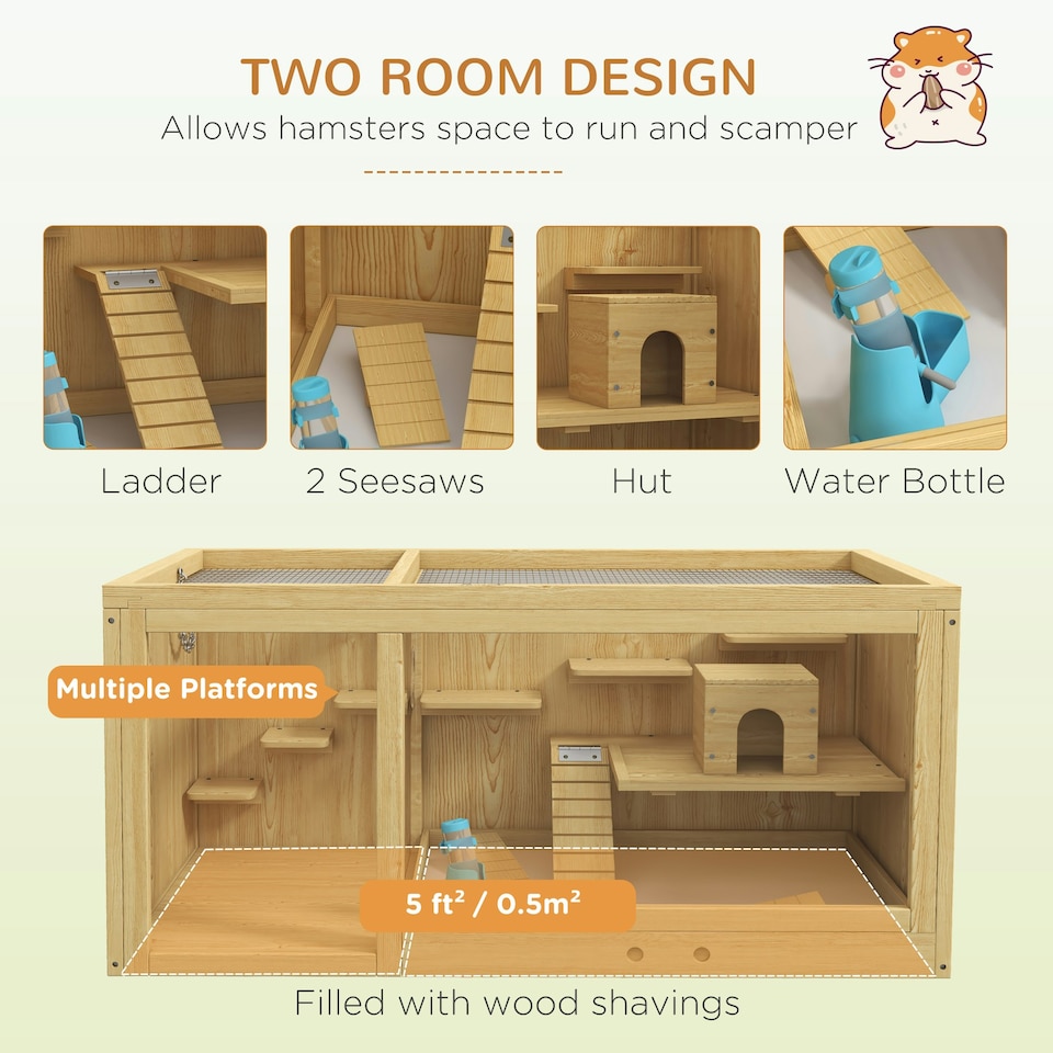 image 1 of PawHut Wooden Hamster Cage with Water Bottle, Platforms, Openable Roof