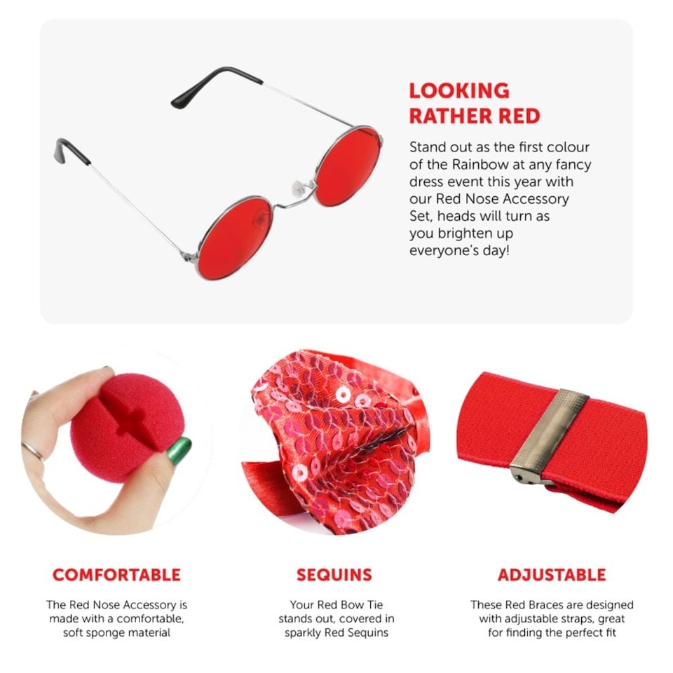 image 1 of Red Nose Accessory Set - Nose, Wig, Braces, Bow Tie & Glasses Red | One Size