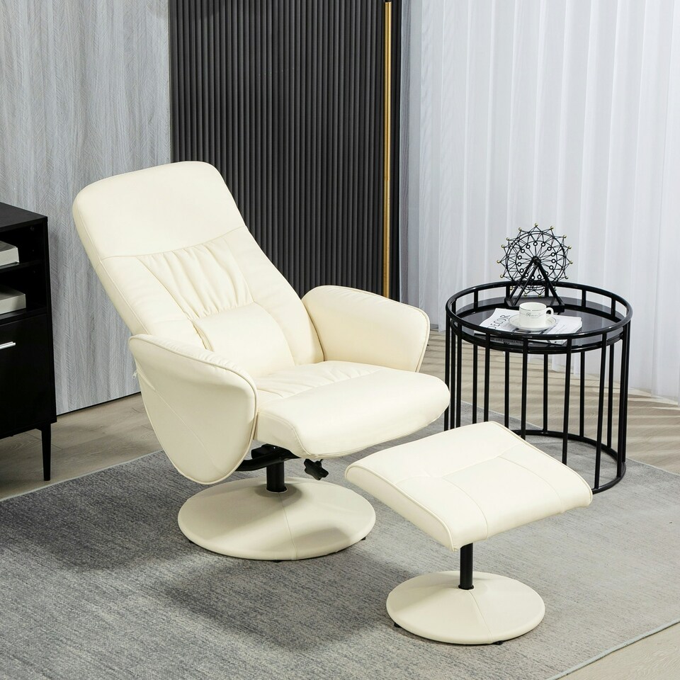 image 1 of HOMCOM PU Leather Armchair and Footrest Swivel Recliner Cream White
