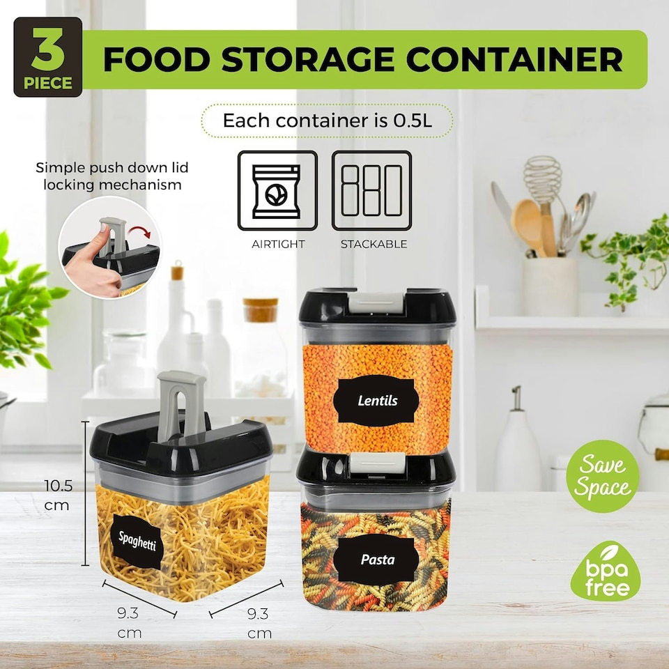 image 1 of 0.8L Pack Of 3 Food Grade & BPA Free Cereal Storage Containers Clear