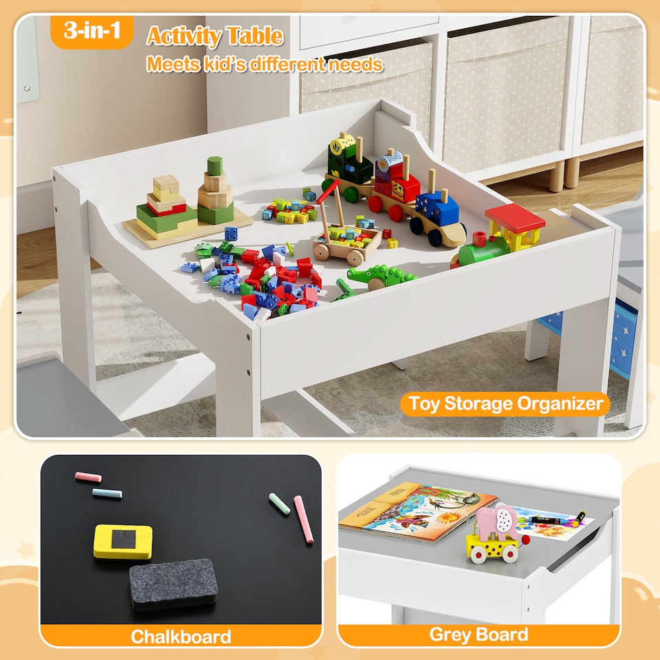 image 1 of COSTWAY Kids Multifunctional Table and 2 Chairs Set Blue