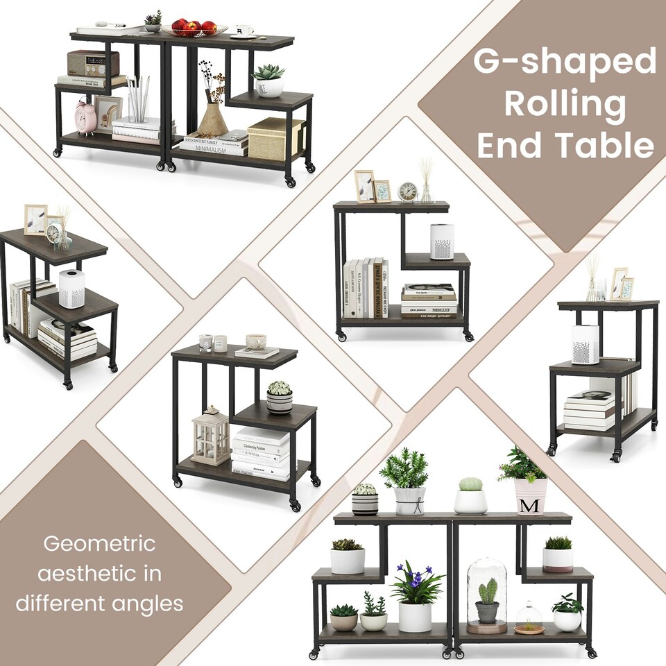 image 1 of COSTWAY G-shaped Side Table 3-Tier Mobile End Table Grey
