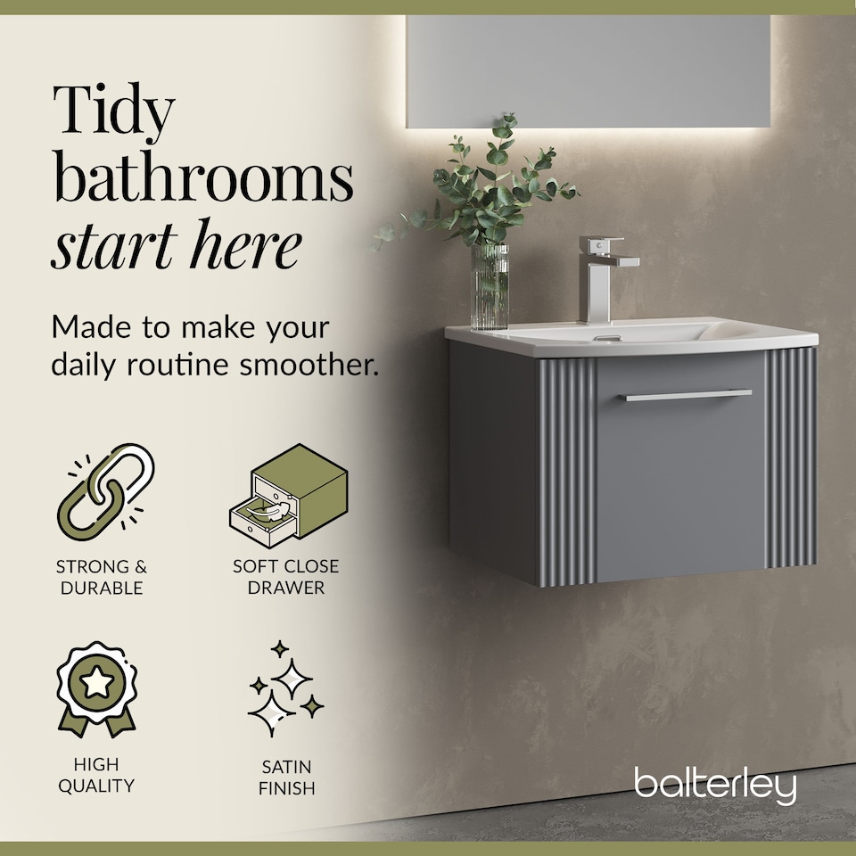 image 1 of Balterley Partial Fluted 1 Drawer Wall Hung Vanity Unit with 1 Tap Hole Curved Basin | Grey | Satin Grey