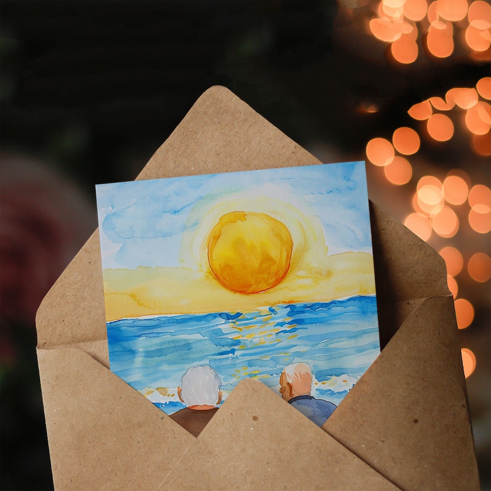 image 1 of Elderly Couple Watching Sunset Beach Watercolour Anniversary Card