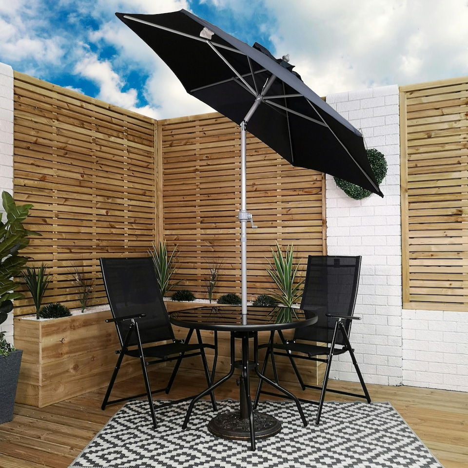 image 1 of Outdoor 2 Person Round Glass Top Garden Patio Dining Table Chairs Black Parasol and Base Set