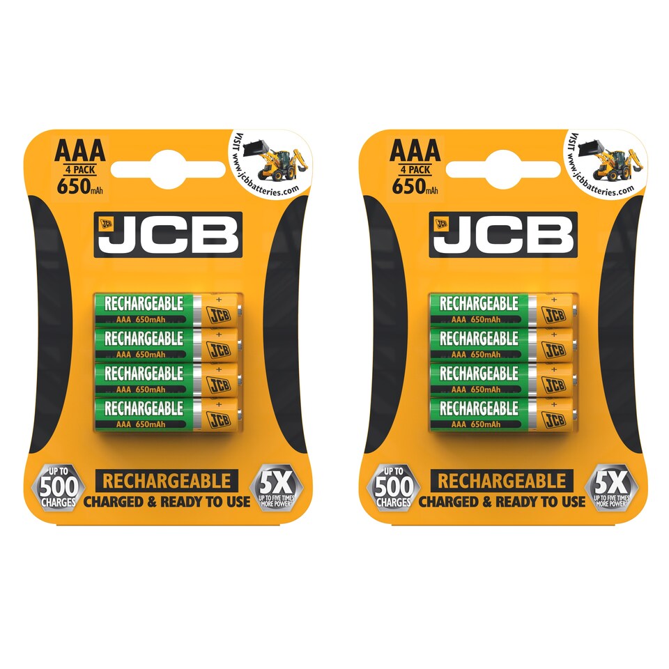 JCB AAA 650mAh Rechargeable Batteries - Pack of 8 | Green | AAA | 8
